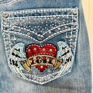 SKY EMBRIODERED AND STUDDED LOVE HEART WINGS BOOT CUT MEDIUM JEANS JUNIOR 15/16